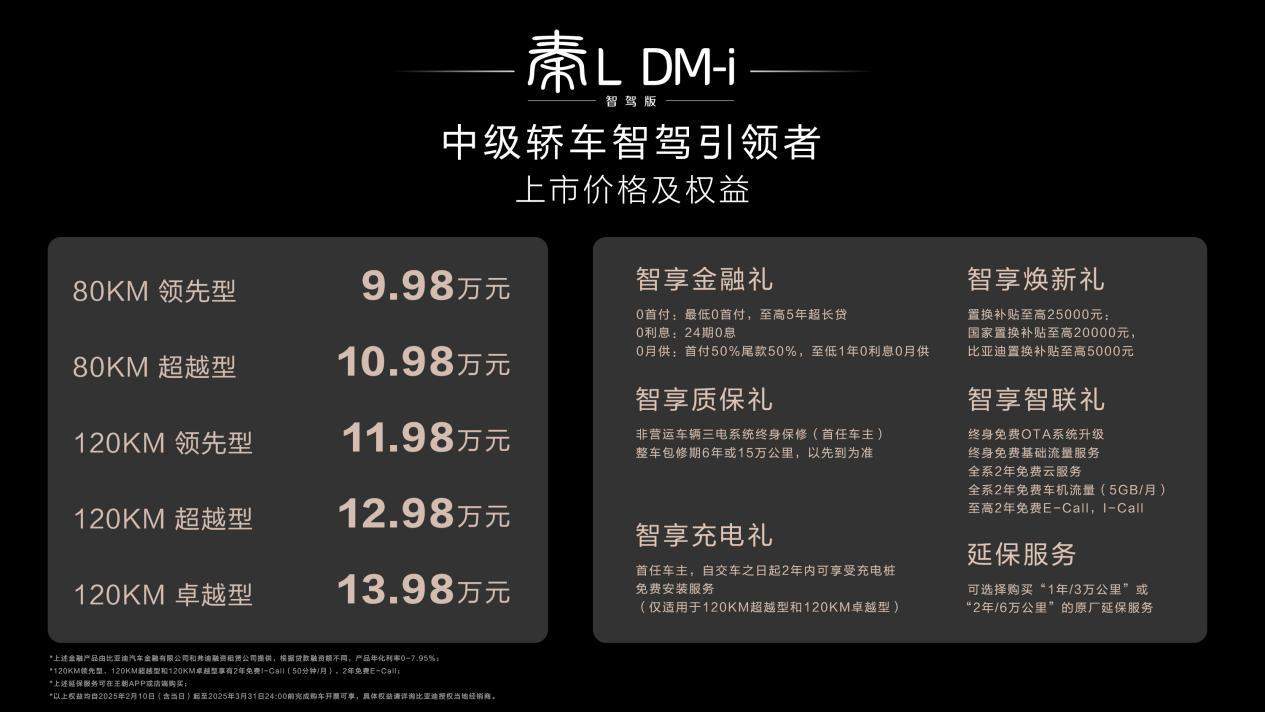 标配天神之眼 C，秦L DM-i智驾版上市，售9.98万起